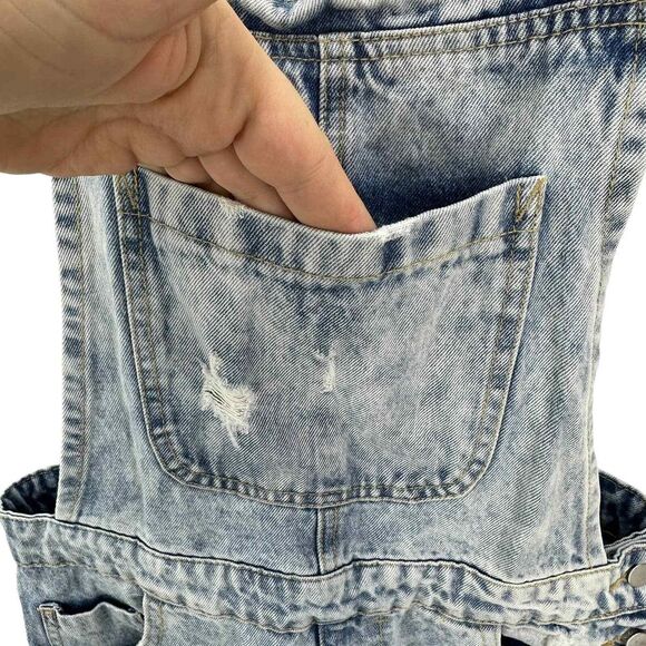 Forever 21 Distressed Acid Wash Denim Crop Overalls Y2K Look Women's Size SMALL - Picture 3 of 7